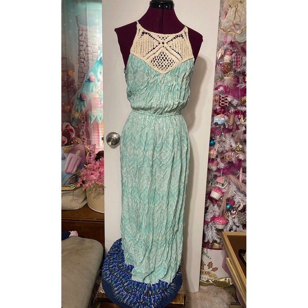 Sweet Rain Maxi Dress Womens Medium Mint Blue Good Crochet Boho Floor Length
